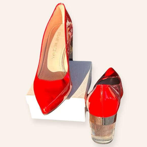 Stuart Weitzman Red Patent Leather Lucite Heels | 6.5 - Picture 4 of 9